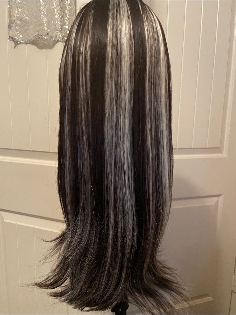Long Two-Tone Black and White Women's Wig - Sleek Center Part